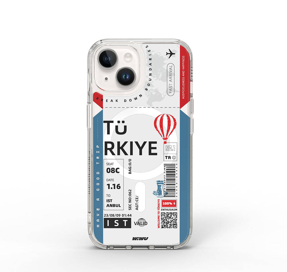 Apple iPhone 15 Case with M-safe Charging Feature, Ticket Pattern, Wiwu Turkey B Series Cover Blue