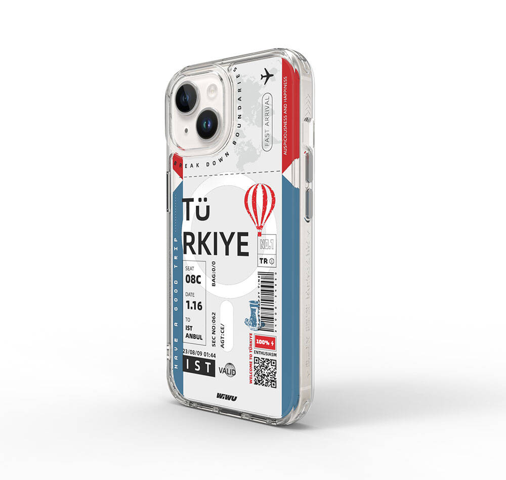 Apple iPhone 15 Case with M-safe Charging Feature, Ticket Pattern, Wiwu Turkey B Series Cover Blue