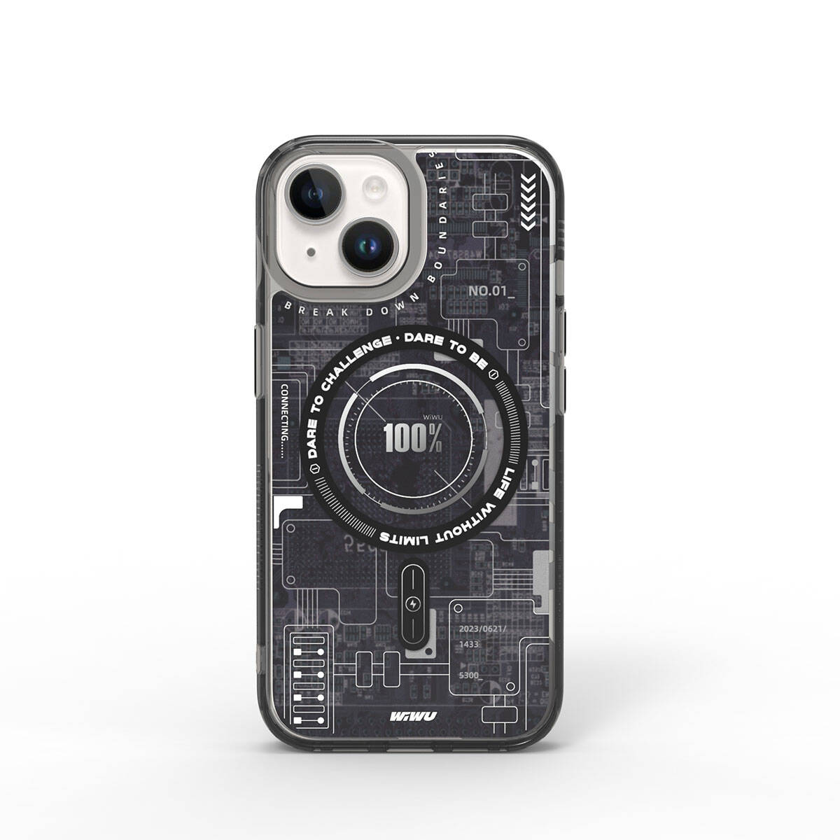 Apple iPhone 15 Case M-safe Charging Feature Patterned Wiwu Mecha Circuit H Series Cover Gray