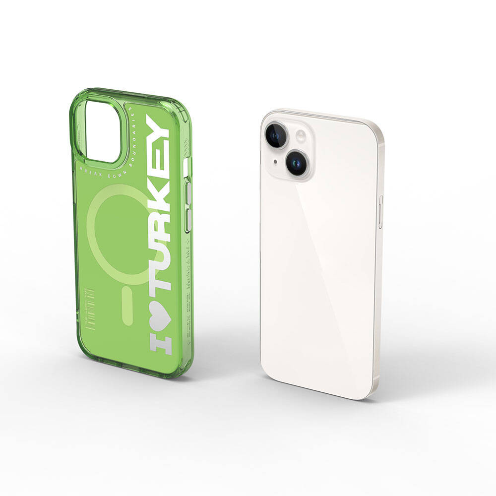 Apple iPhone 15 Case with M-Safe Charging Feature, I Love Turkey Text Pattern, Wiwu Turkey E Series Cover Green