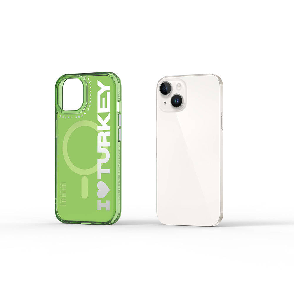 Apple iPhone 15 Case with M-Safe Charging Feature, I Love Turkey Text Pattern, Wiwu Turkey E Series Cover Green