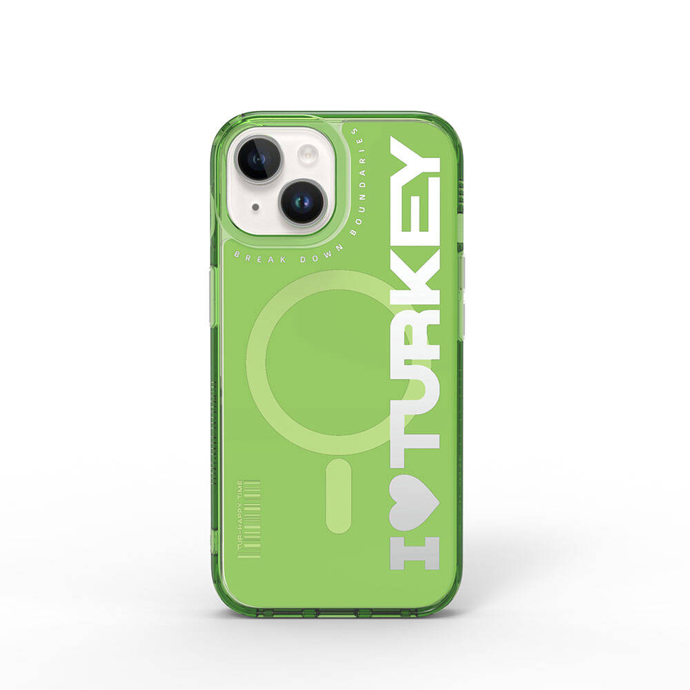 Apple iPhone 15 Case with M-Safe Charging Feature, I Love Turkey Text Pattern, Wiwu Turkey E Series Cover Green