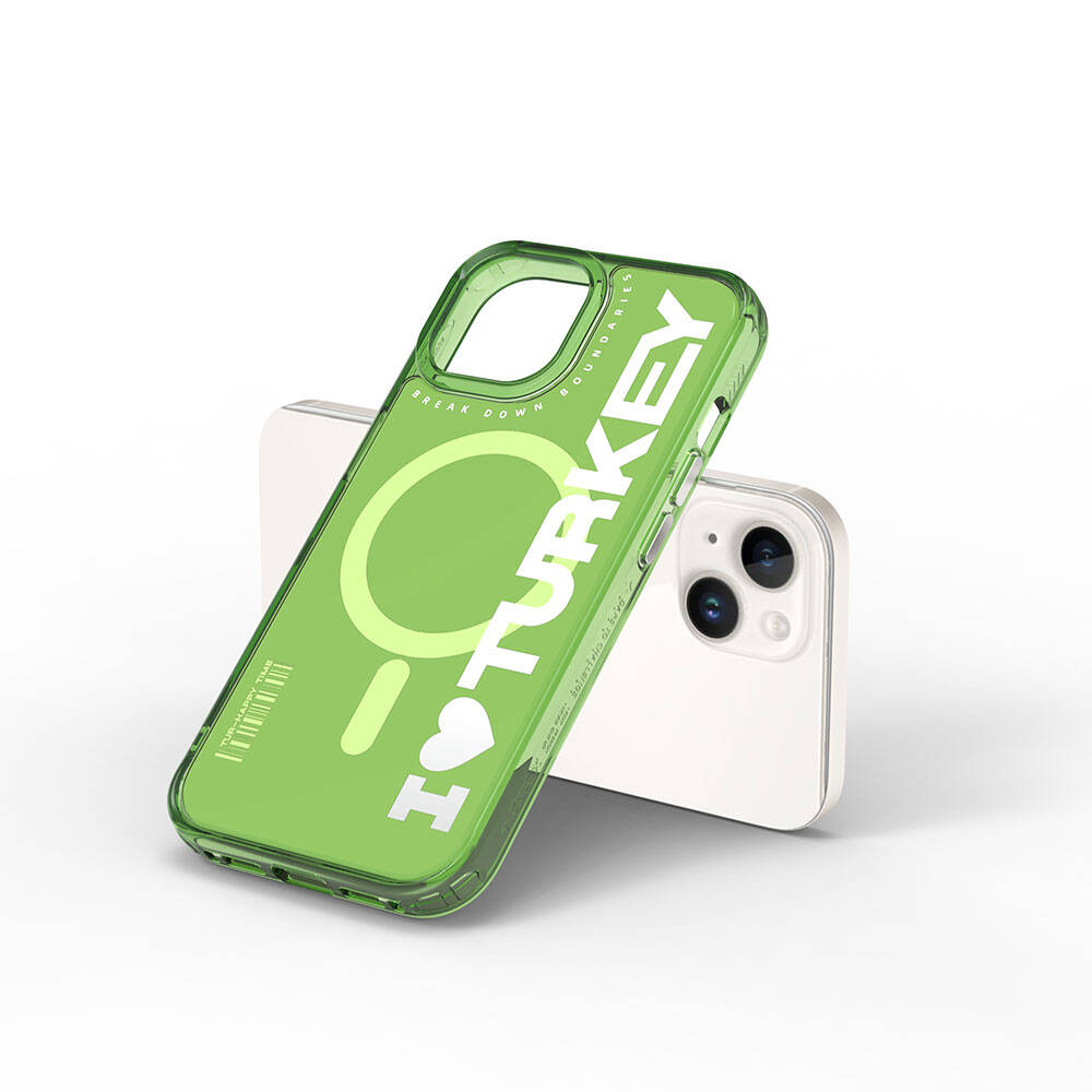Apple iPhone 15 Case with M-Safe Charging Feature, I Love Turkey Text Pattern, Wiwu Turkey E Series Cover Green
