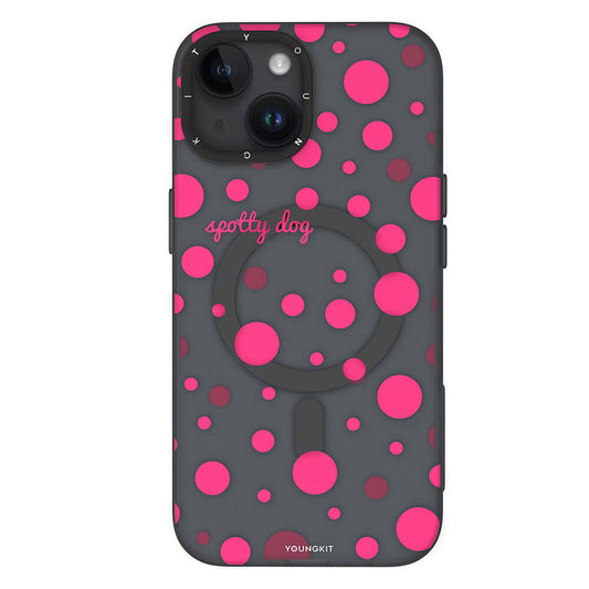 Apple iPhone 15 Kılıf M-safe Şarj Özellikli Polka Dot Desenli Youngkit Spots Serisi Kapak Gri