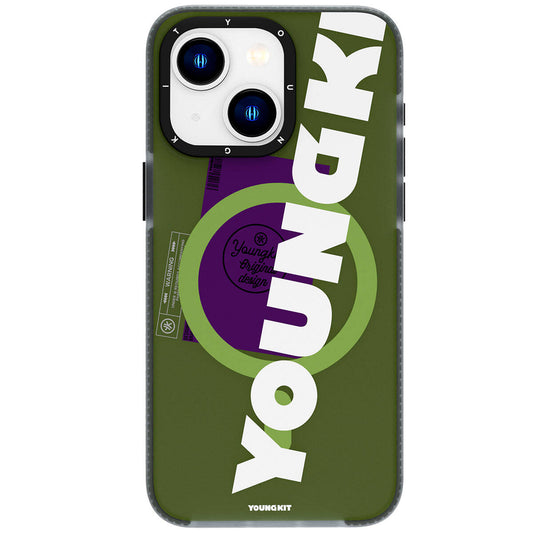 Apple iPhone 15 Kılıf M-safe Şarj Özellikli Youngkit Binfen Serisi Yazı Temalı Kapak Yeşil