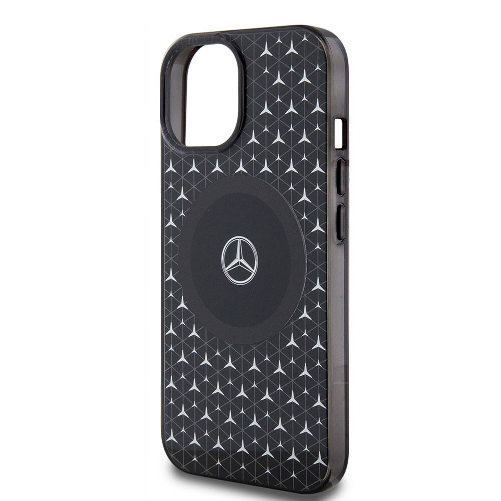 Apple iPhone 15 Kılıf Mercedes Benz Orjinal Lisanslı M-safe Şarj Özellikli Çift Katmanlı Mini Yıldız Desenli Kapak Siyah