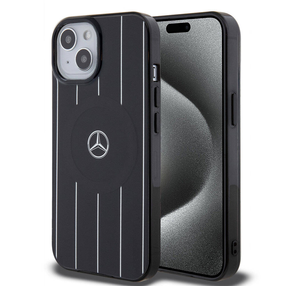 Apple iPhone 15 Case Mercedes Benz Original Licensed M-Safe Charging Feature Double Layer Parallel Stripe Patterned Cover White
