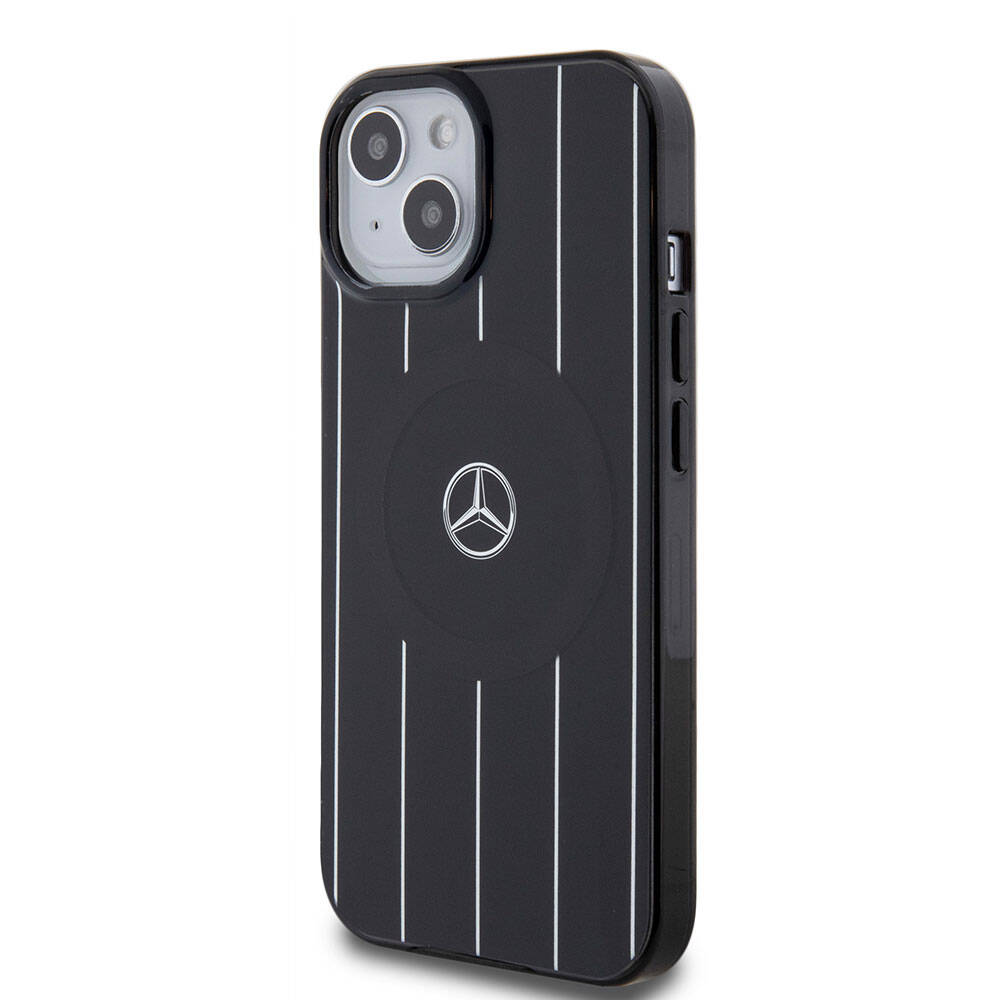 Apple iPhone 15 Case Mercedes Benz Original Licensed M-Safe Charging Feature Double Layer Parallel Stripe Patterned Cover White