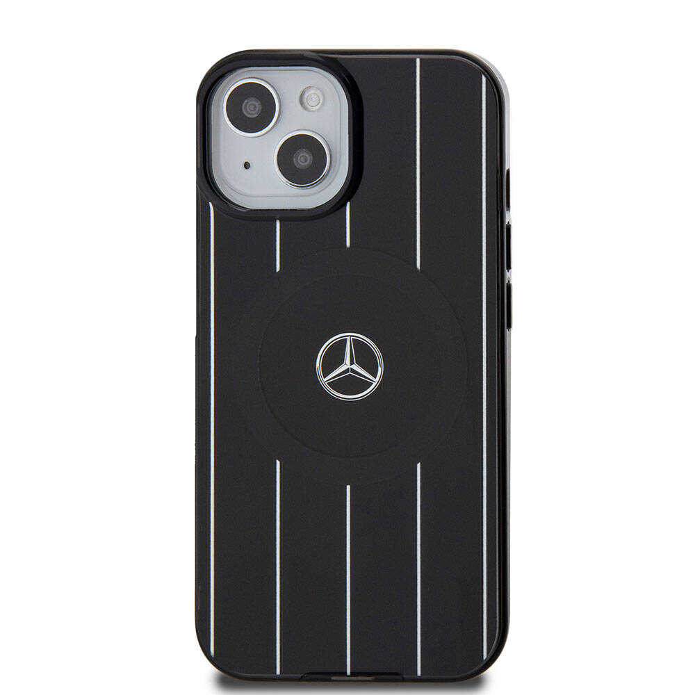 Apple iPhone 15 Case Mercedes Benz Original Licensed M-Safe Charging Feature Double Layer Parallel Stripe Patterned Cover White