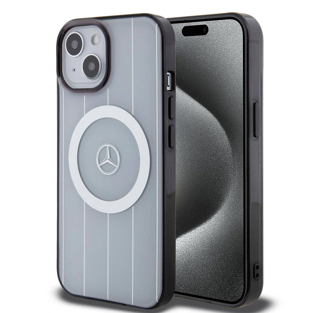 Apple iPhone 15 Case Mercedes Benz Original Licensed M-Safe Charging Feature Double Layer Parallel Stripe Patterned Cover White