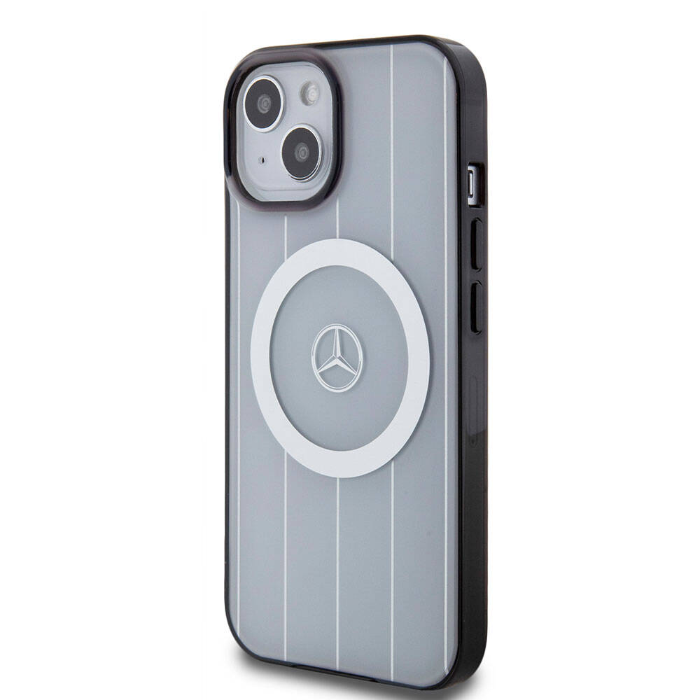 Apple iPhone 15 Case Mercedes Benz Original Licensed M-Safe Charging Feature Double Layer Parallel Stripe Patterned Cover White
