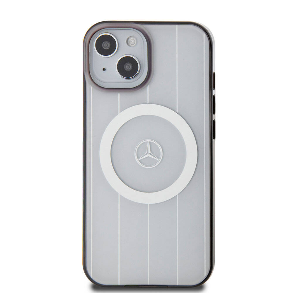 Apple iPhone 15 Case Mercedes Benz Original Licensed M-Safe Charging Feature Double Layer Parallel Stripe Patterned Cover White