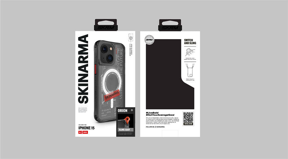Apple iPhone 15 Case SkinArma M-safe Charging Feature Text Patterned Airbag Design Orion Cover Black