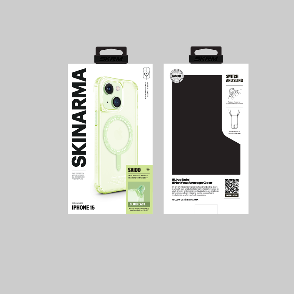Apple iPhone 15 Case SkinArma Transparent Airbag Design M-safe Charging Feature Saido Cover Light Green