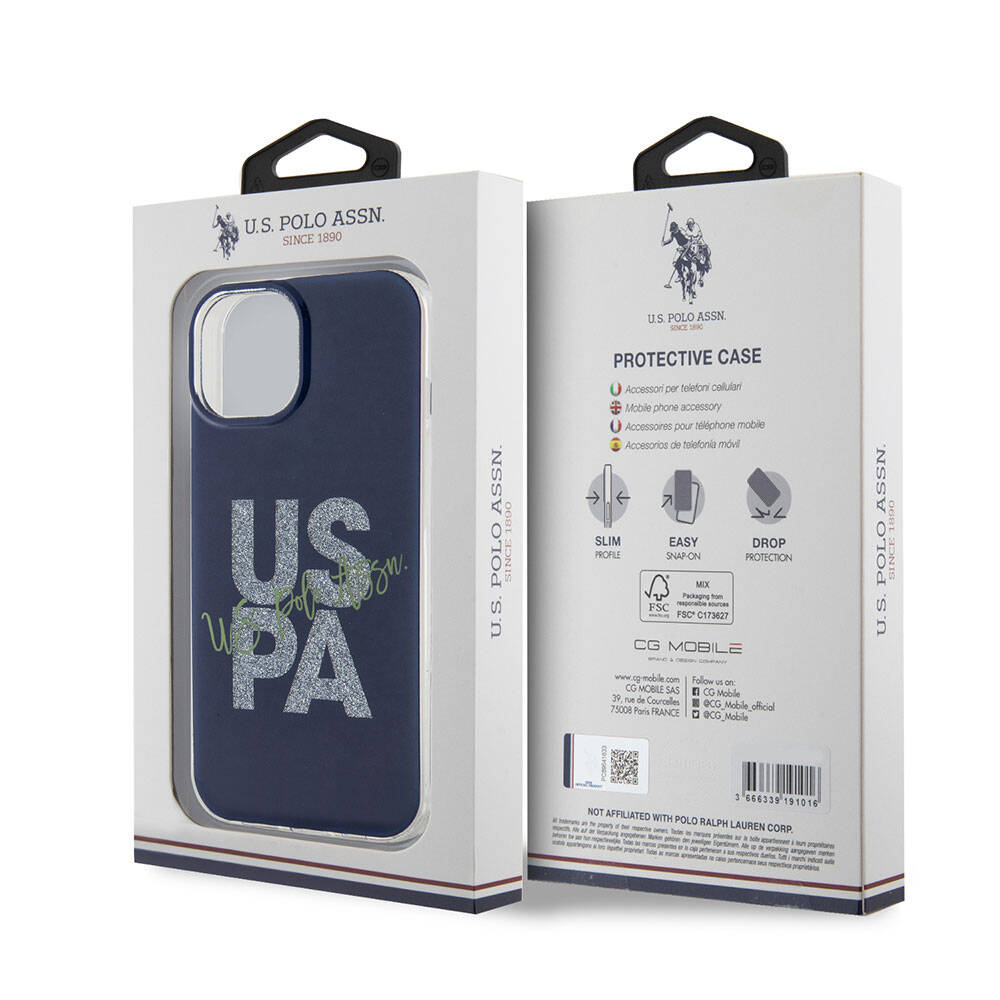 Apple iPhone 15 Case US Polo Assn. Original Licensed Glitter Shiny Alphabet Design Cover Navy Blue