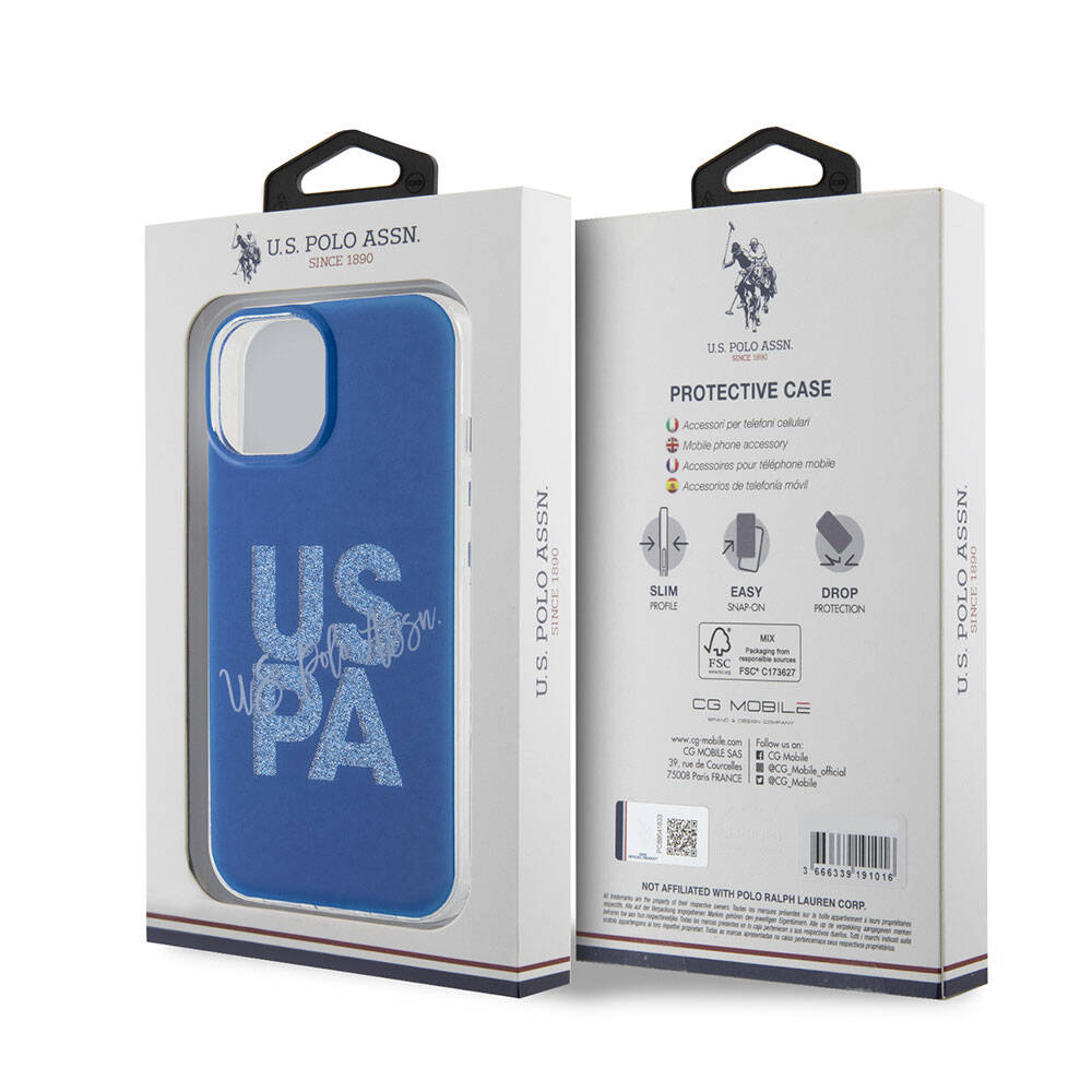 Apple iPhone 15 Kılıf U.S. Polo Assn. Orjinal Lisanslı Simli Parlak Alfabe Tasarım Kapak Lacivert