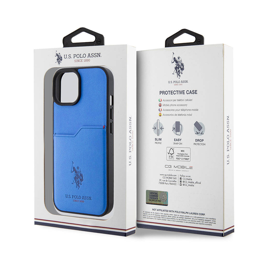Apple iPhone 15 Case US Polo Assn. Original Licensed Print Logo PU Card Holder Cover Navy Blue