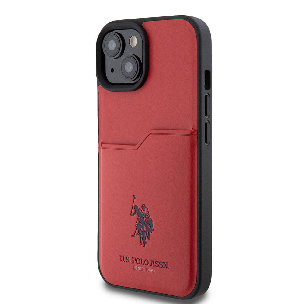 Apple iPhone 15 Case US Polo Assn. Original Licensed Printed Logo PU Card Holder Cover Red