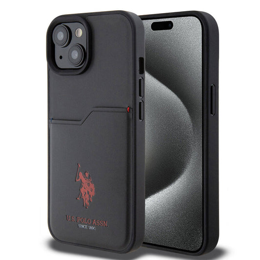 Apple iPhone 15 Case US Polo Assn. Original Licensed Printed Logo PU Card Holder Cover Black