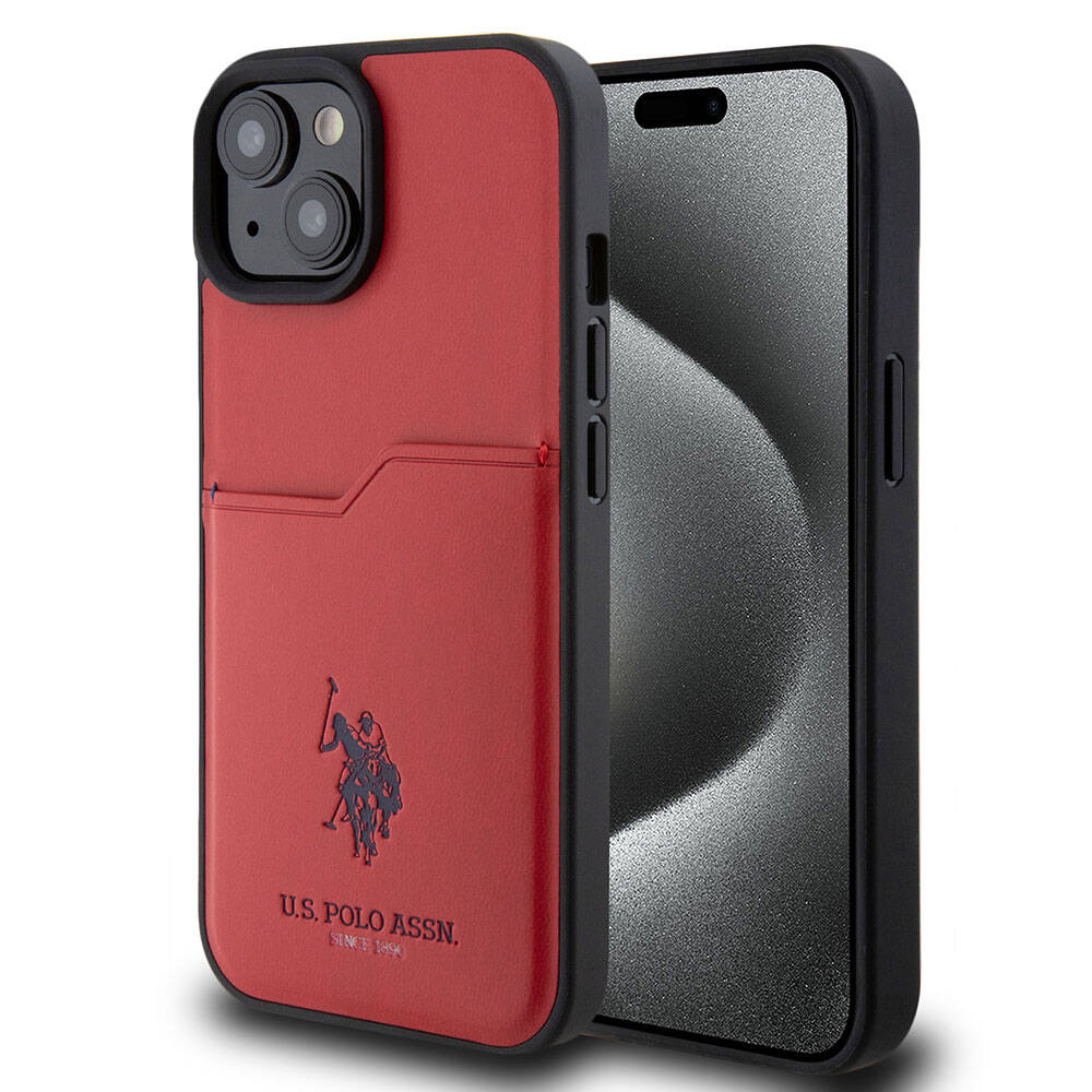 Apple iPhone 15 Case US Polo Assn. Original Licensed Printed Logo PU Card Holder Cover Red