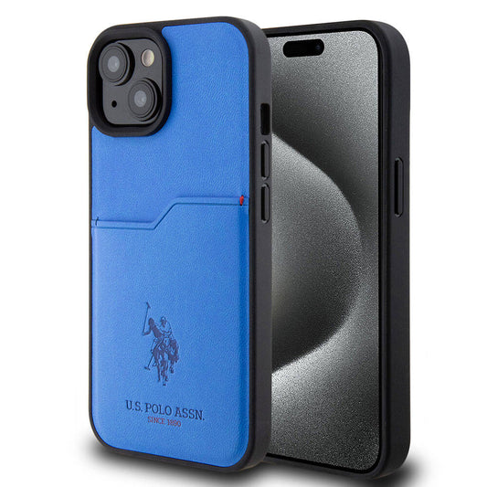 Apple iPhone 15 Case US Polo Assn. Original Licensed Printed Logo PU Card Holder Cover Blue