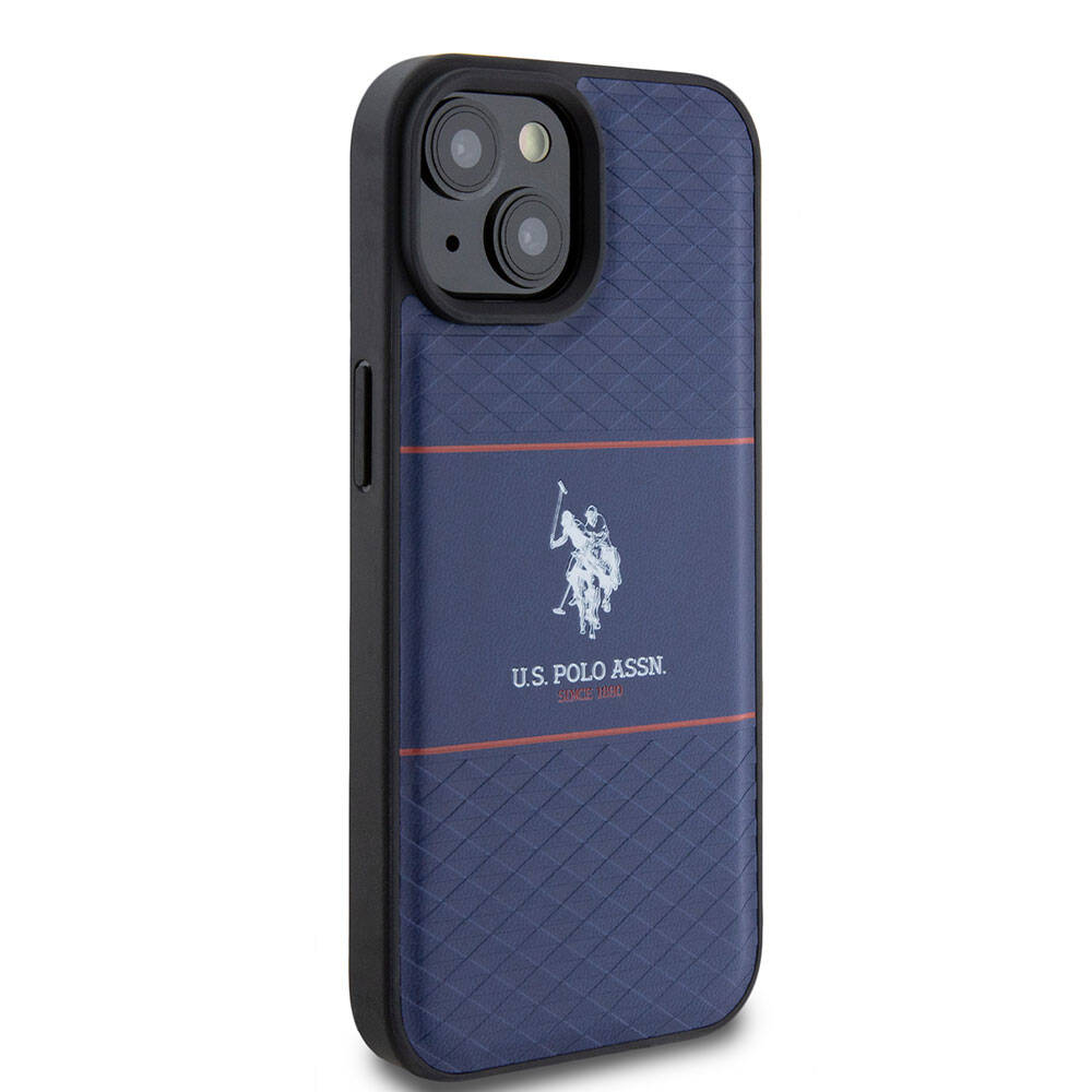 Apple iPhone 15 Case US Polo Assn. Original Licensed Leather Stripe Logo Design Cover Navy Blue