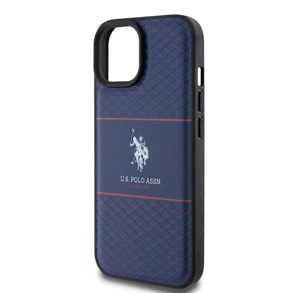 Apple iPhone 15 Case US Polo Assn. Original Licensed Leather Stripe Logo Design Cover Navy Blue