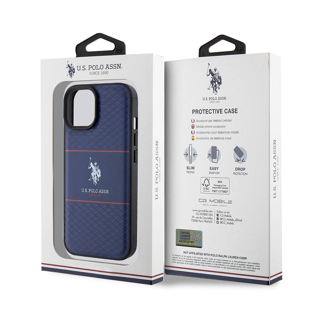Apple iPhone 15 Case US Polo Assn. Original Licensed Leather Stripe Logo Design Cover Navy Blue