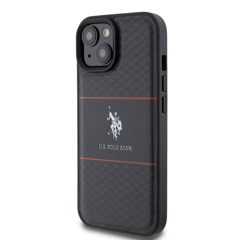 Apple iPhone 15 Case US Polo Assn. Original Licensed Leather Stripe Logo Design Cover Navy Blue