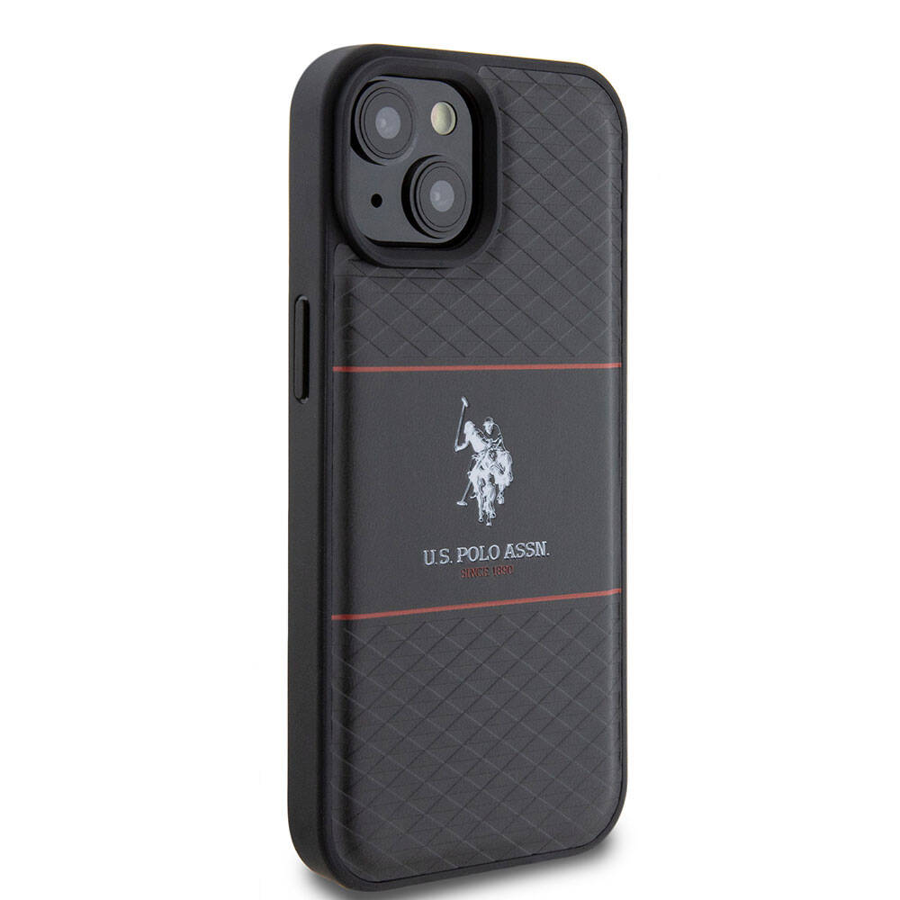 Apple iPhone 15 Case US Polo Assn. Original Licensed Leather Stripe Logo Design Cover Navy Blue