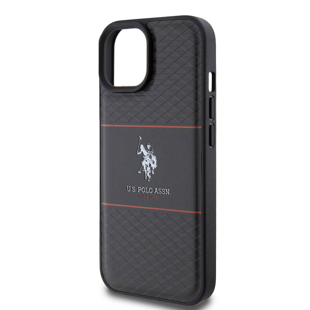 Apple iPhone 15 Case US Polo Assn. Original Licensed Leather Stripe Logo Design Cover Navy Blue