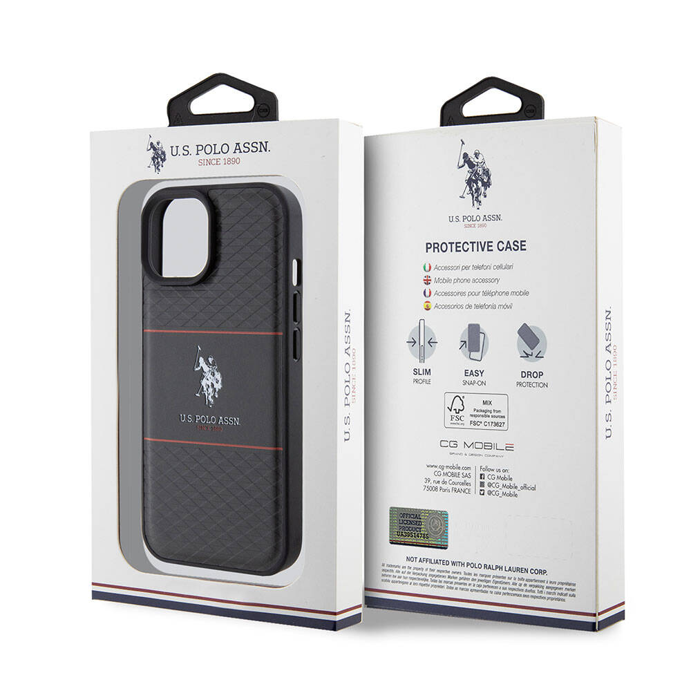Apple iPhone 15 Case US Polo Assn. Original Licensed Leather Stripe Logo Design Cover Navy Blue