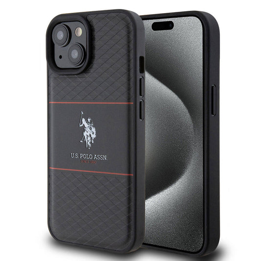 Apple iPhone 15 Case US Polo Assn. Original Licensed Leather Stripe Logo Design Cover Black