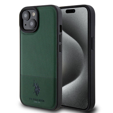 Apple iPhone 15 Case US Polo Assn. Original Licensed Faux Leather Back Cover with Printed Logo and Knitted Pattern Navy Blue