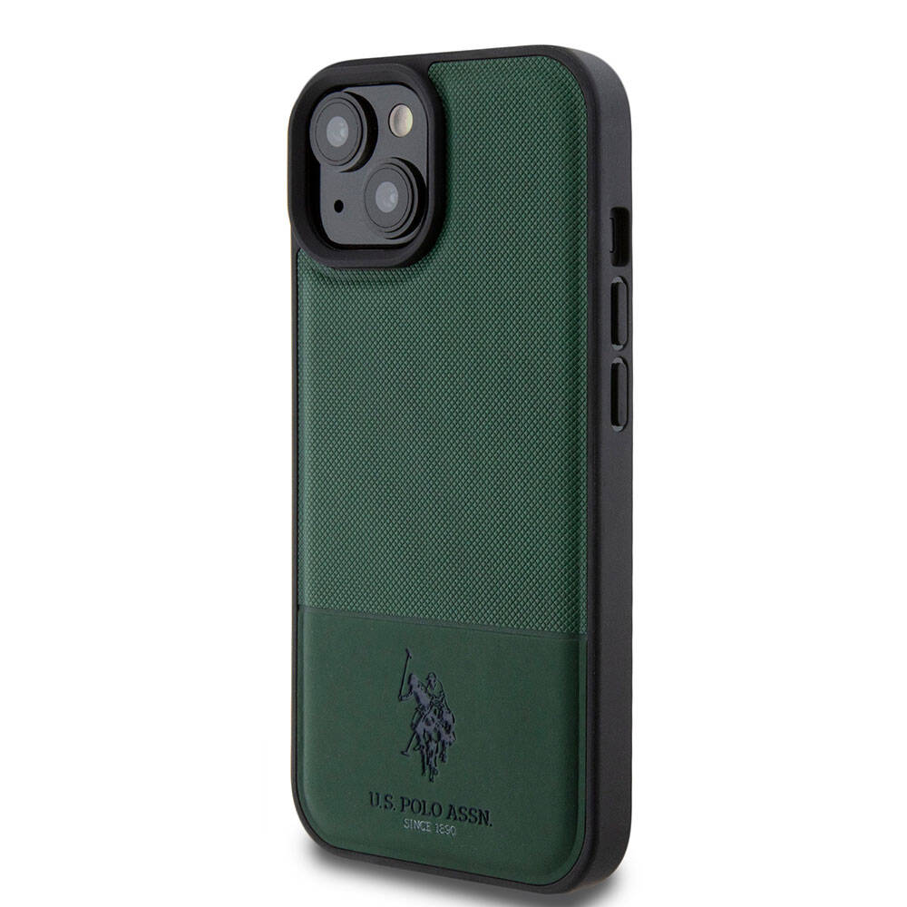 Apple iPhone 15 Case US Polo Assn. Original Licensed Faux Leather Back Cover with Printed Logo and Knitted Pattern Black