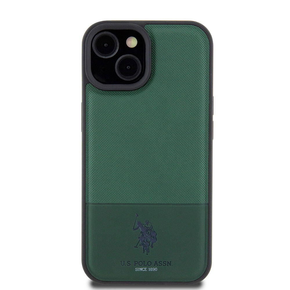Apple iPhone 15 Case US Polo Assn. Original Licensed Faux Leather Back Cover with Printed Logo and Knitted Pattern Black