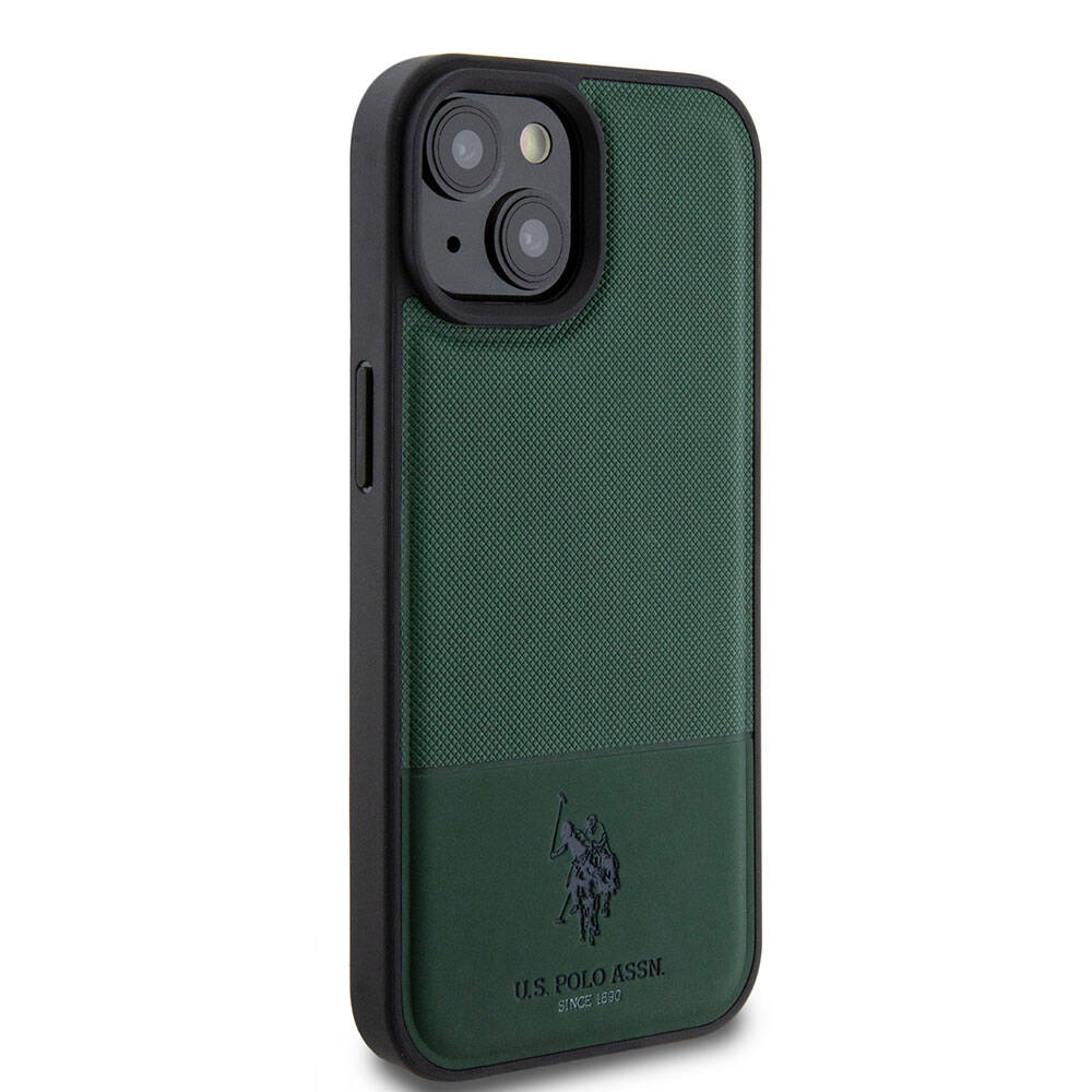 Apple iPhone 15 Case US Polo Assn. Original Licensed Faux Leather Back Cover with Printed Logo and Knitted Pattern Black