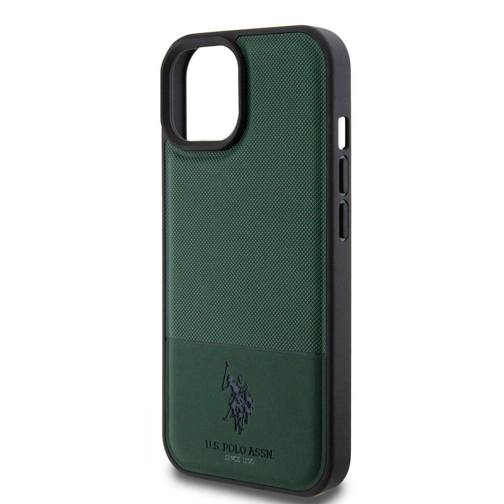 Apple iPhone 15 Case US Polo Assn. Original Licensed Faux Leather Back Cover with Printed Logo and Knitted Pattern Black