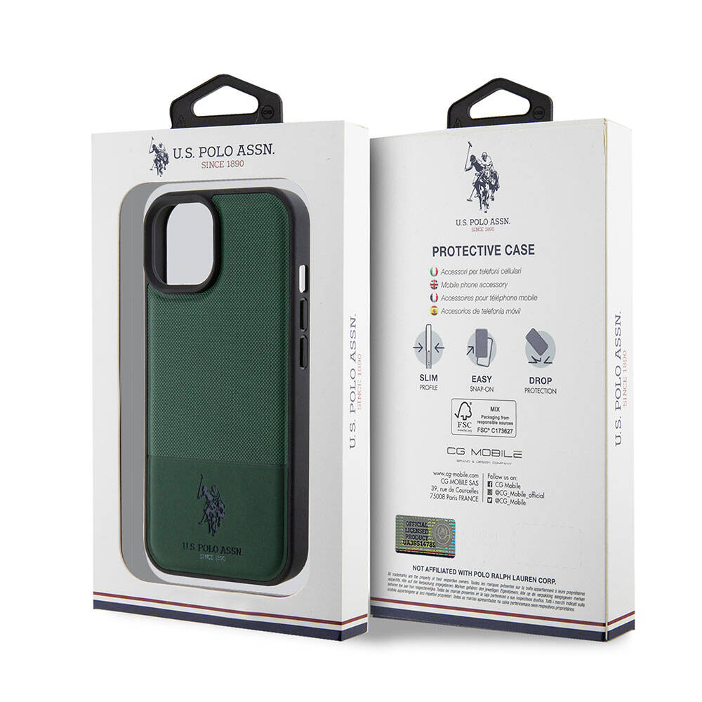 Apple iPhone 15 Case US Polo Assn. Original Licensed Faux Leather Back Cover with Printed Logo and Knitted Pattern Black