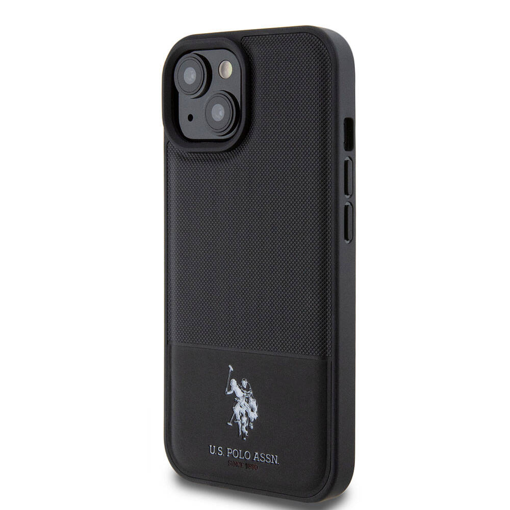Apple iPhone 15 Case US Polo Assn. Original Licensed Faux Leather Back Cover with Printed Logo and Knitted Pattern Black