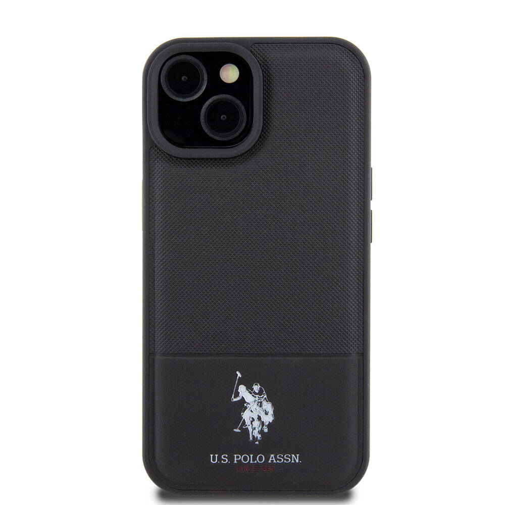 Apple iPhone 15 Case US Polo Assn. Original Licensed Faux Leather Back Cover with Printed Logo and Knitted Pattern Black