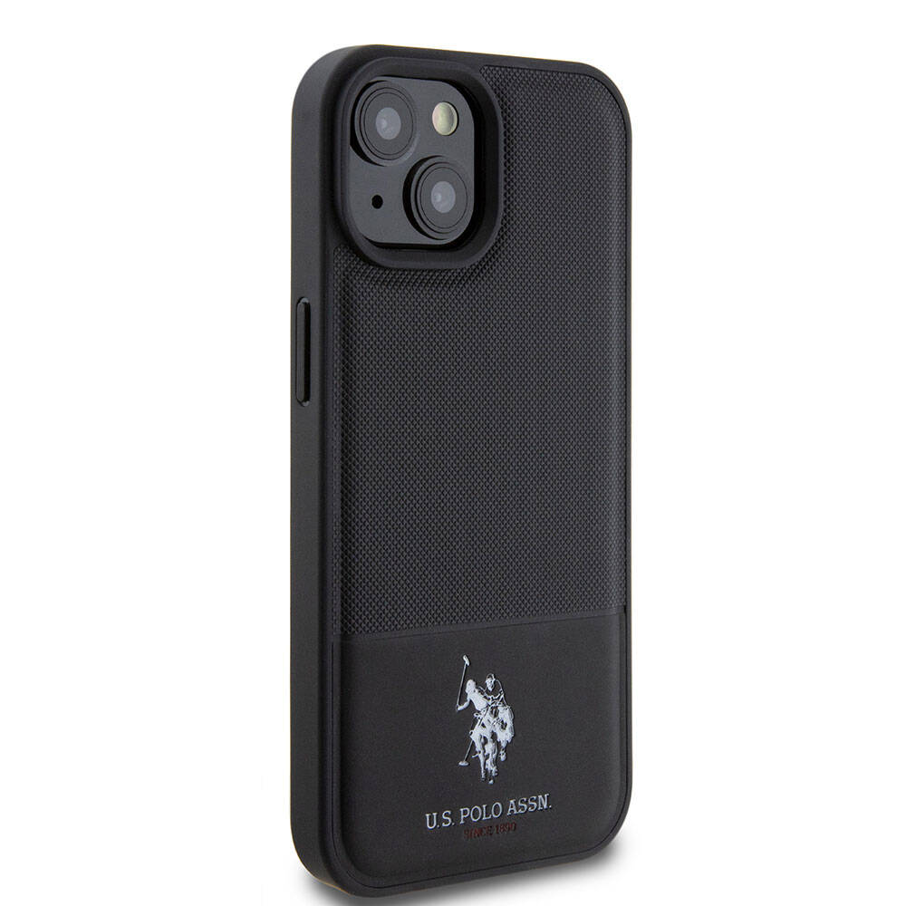 Apple iPhone 15 Case US Polo Assn. Original Licensed Faux Leather Back Cover with Printed Logo and Knitted Pattern Black