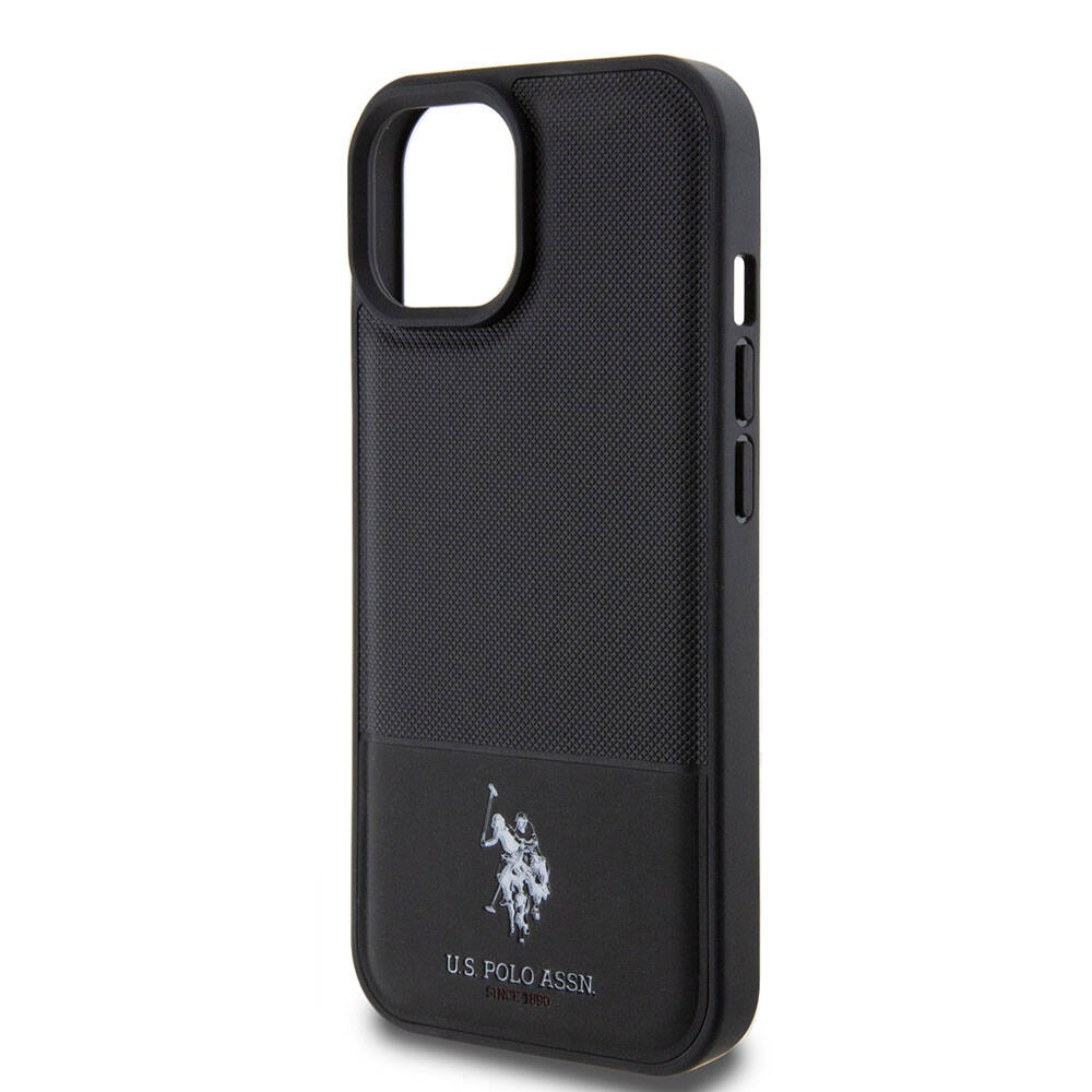 Apple iPhone 15 Case US Polo Assn. Original Licensed Faux Leather Back Cover with Printed Logo and Knitted Pattern Black