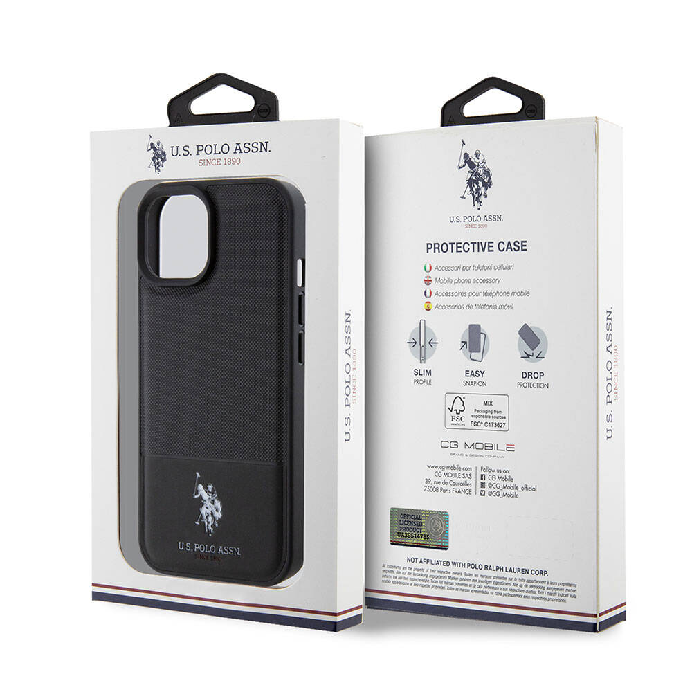 Apple iPhone 15 Case US Polo Assn. Original Licensed Faux Leather Back Cover with Printed Logo and Knitted Pattern Black