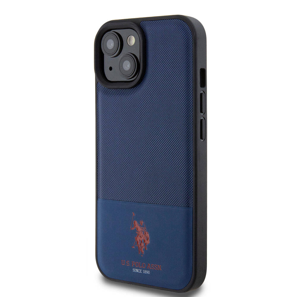 Apple iPhone 15 Case US Polo Assn. Original Licensed Faux Leather Back Cover with Printed Logo and Knitted Pattern Black