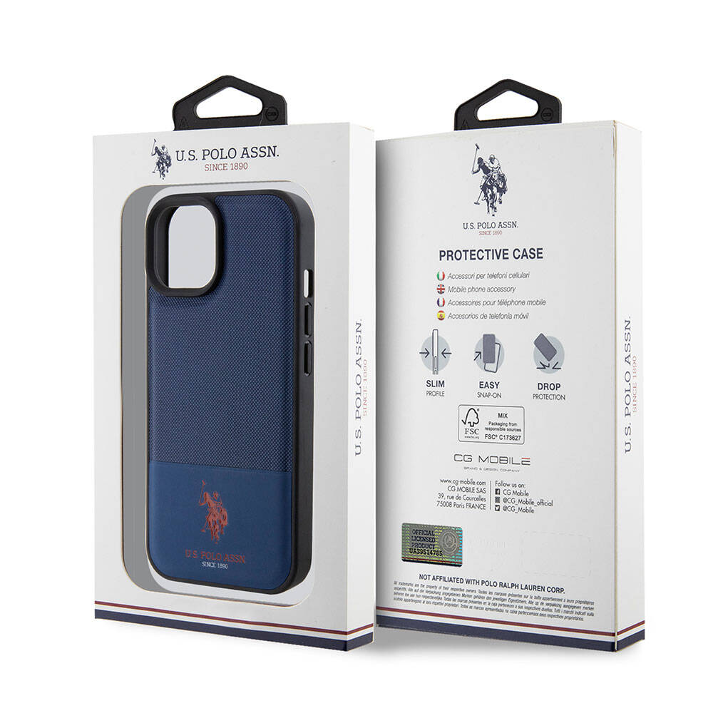 Apple iPhone 15 Case US Polo Assn. Original Licensed Faux Leather Back Cover with Printed Logo and Knitted Pattern Black