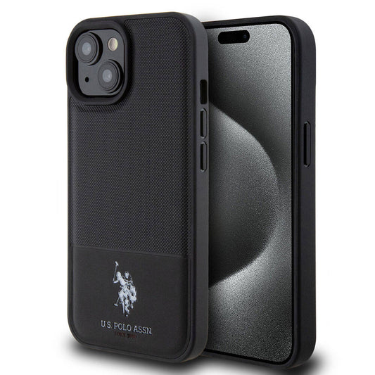 Apple iPhone 15 Case US Polo Assn. Original Licensed Faux Leather Back Cover with Printed Logo and Knitted Pattern Black