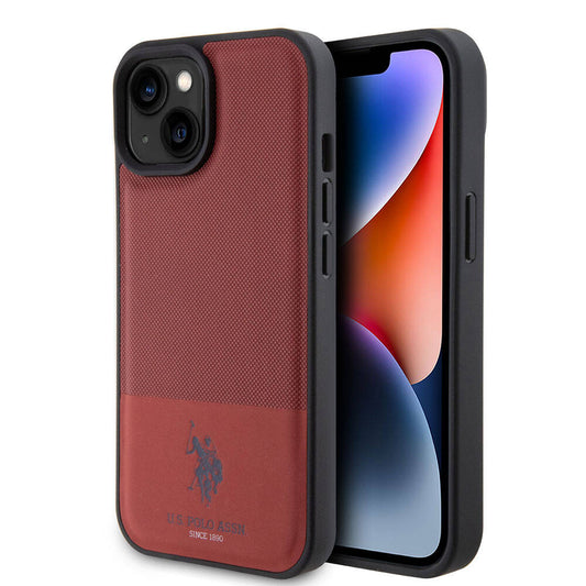 Apple iPhone 15 Case US Polo Assn. Original Licensed Faux Leather Back Cover with Printed Logo and Knitted Pattern Red