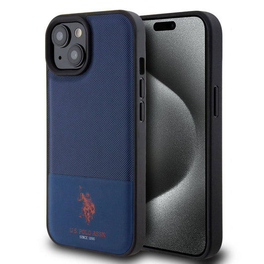 Apple iPhone 15 Case US Polo Assn. Original Licensed Faux Leather Back Cover with Printed Logo and Knitted Pattern Navy Blue