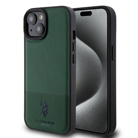 Apple iPhone 15 Case US Polo Assn. Original Licensed Faux Leather Back Cover with Printed Logo and Knitted Pattern Green